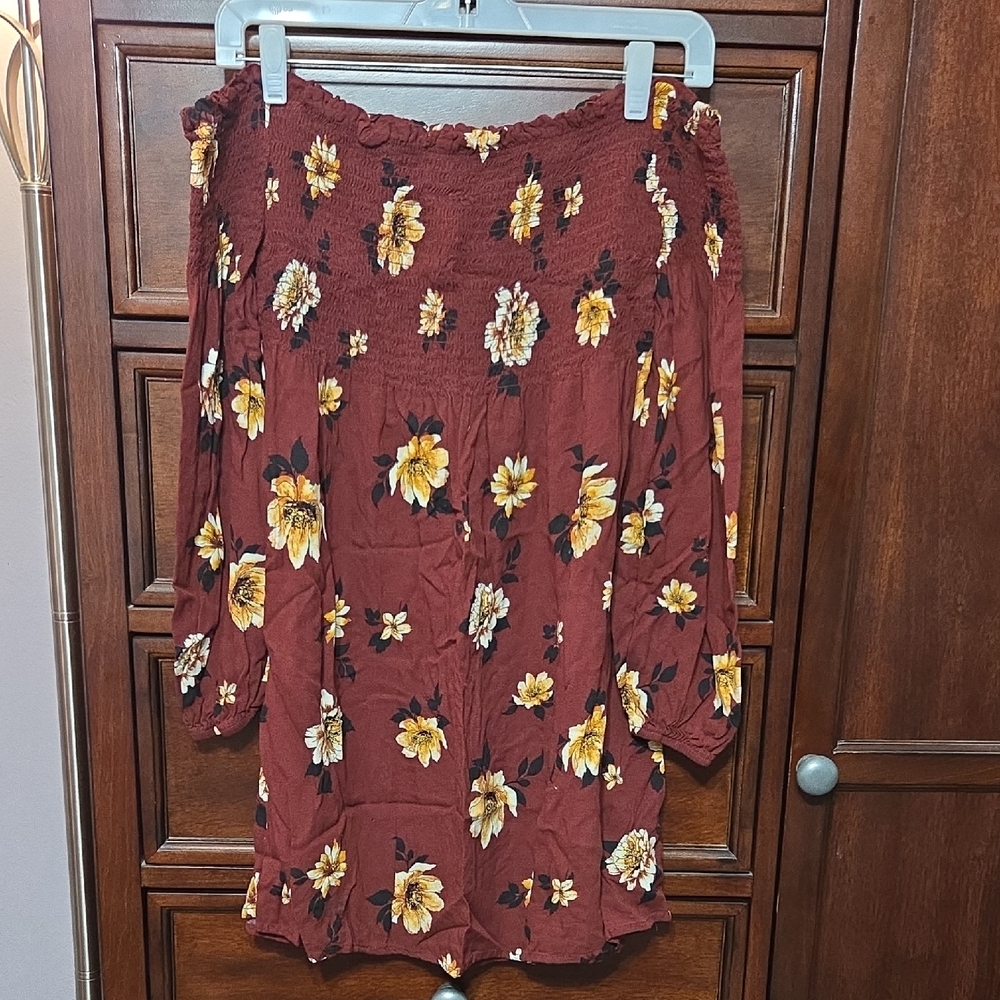 Xhilaration Burgundy Floral Off The Shoulder Dress With 3/4 Sleeves Juniors M